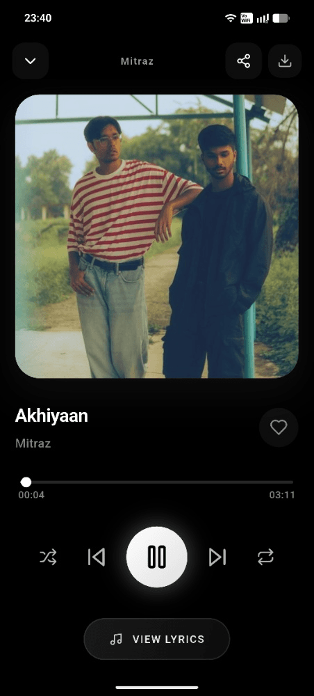 MusicSync now playing screen with controls and lyrics